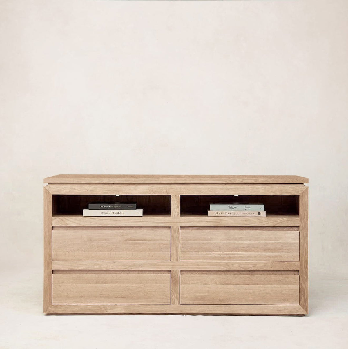 Sofita dresser with white oak case and open upper storage