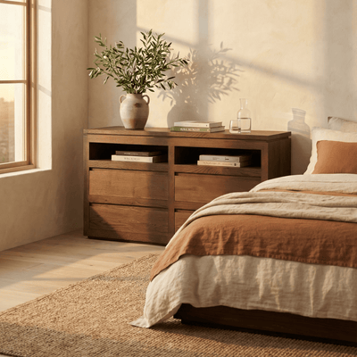 Sofita wood dresser in mocha styled in warm bedroom with natural light