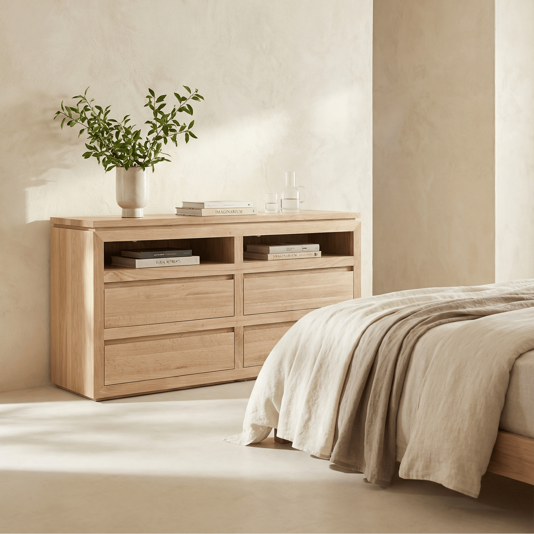 Sofita dresser in solid white oak styled in neutral bedroom with natural light