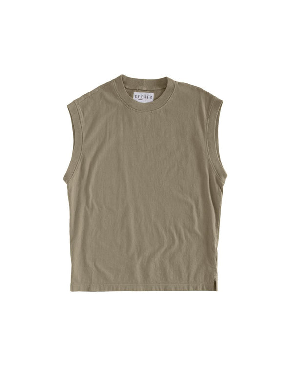 S E E K E R Soft Tank in Olive – relaxed-fit crew-neck tank laid flat, front view