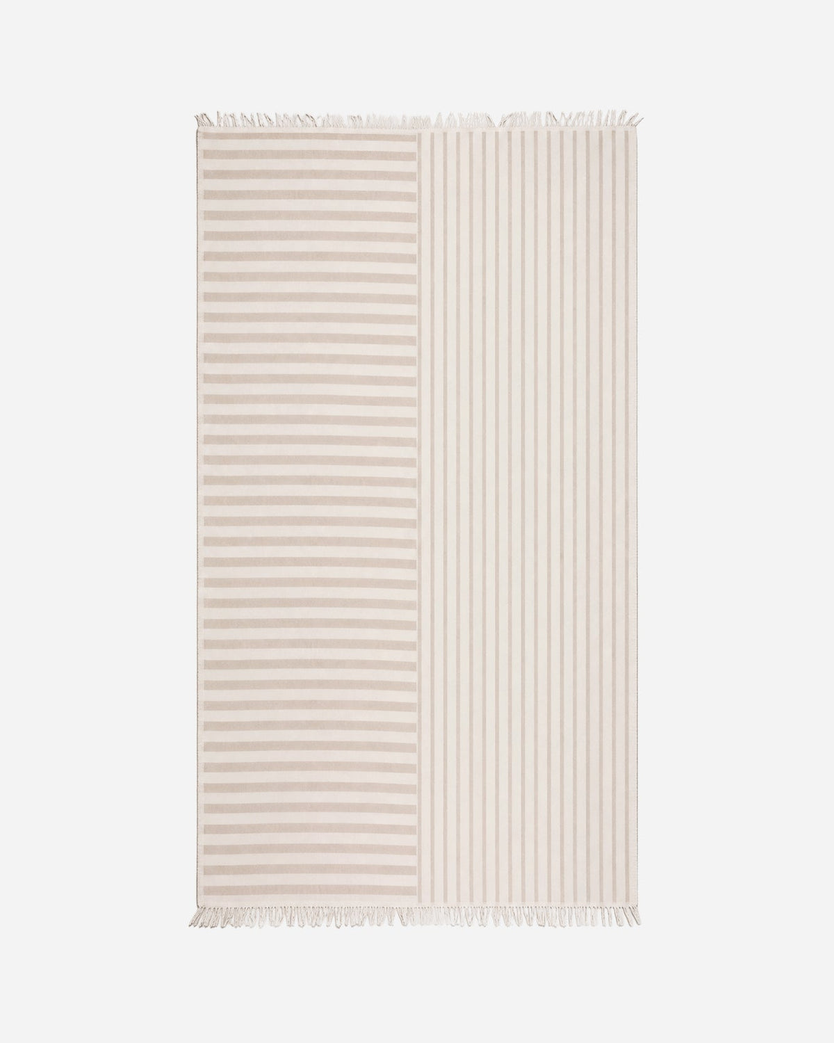 Full view of the rectangular blanket laid flat, with horizontal stripes on one half, vertical stripes on the other, and cream fringe at both ends.