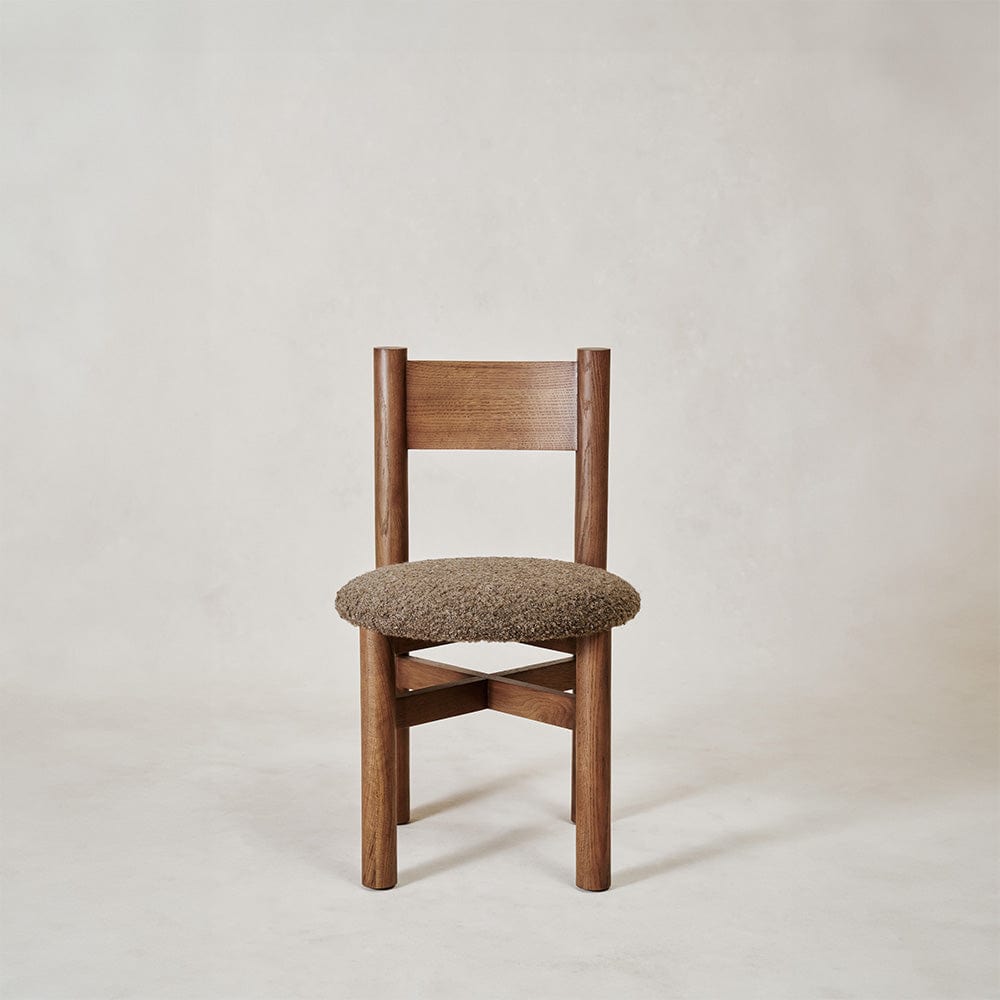 Teddy dining chair in mocha with solid white oak frame and textured bouclé seat