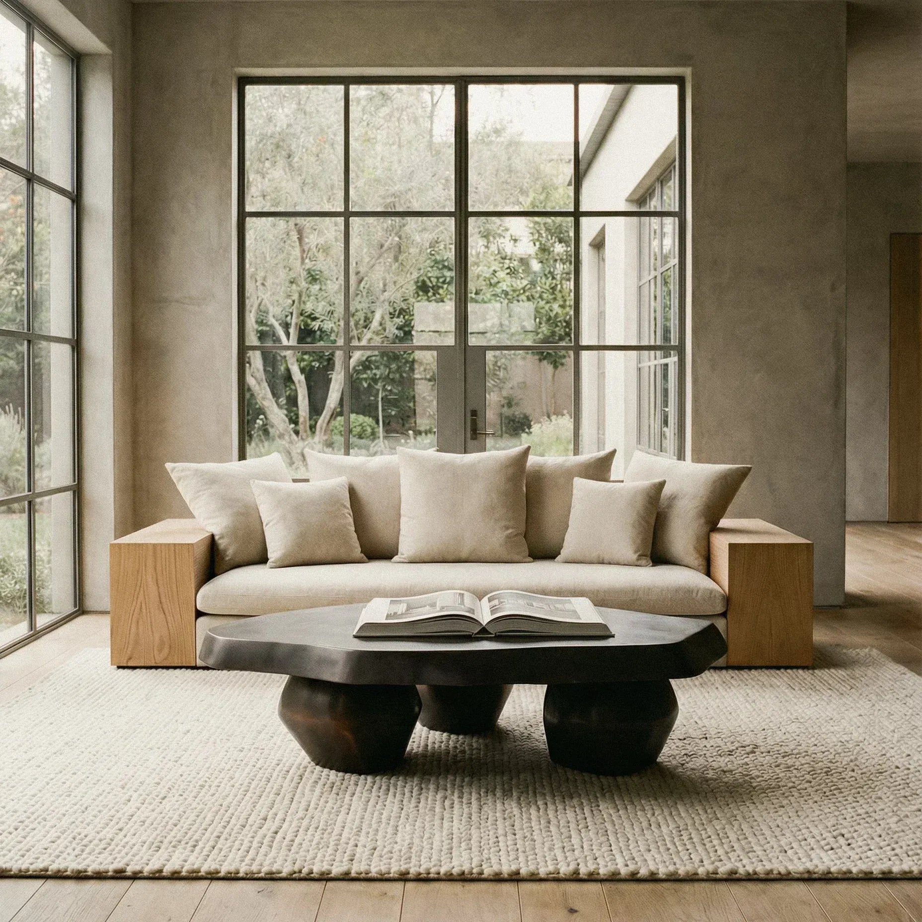 Topa Topa sofa with wood side panels and Belgian linen cushions in sunlit living room