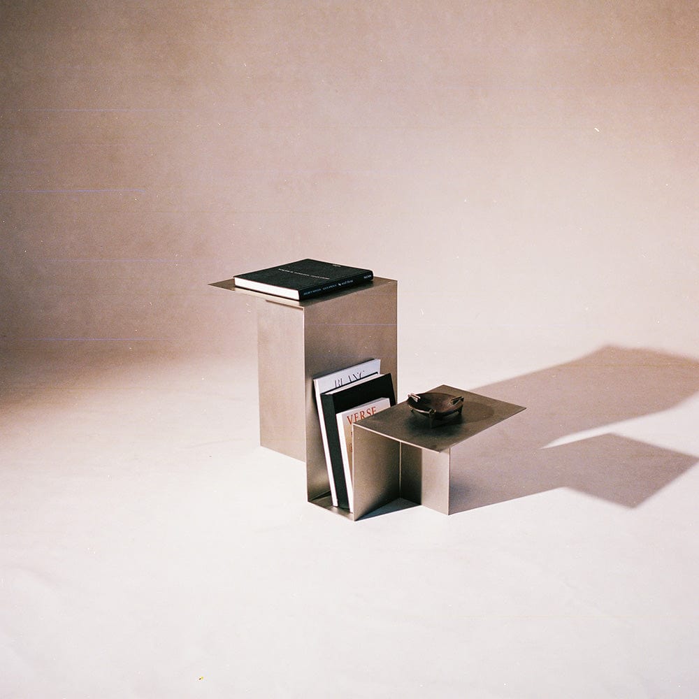 Japandi-inspired stainless steel accent table 