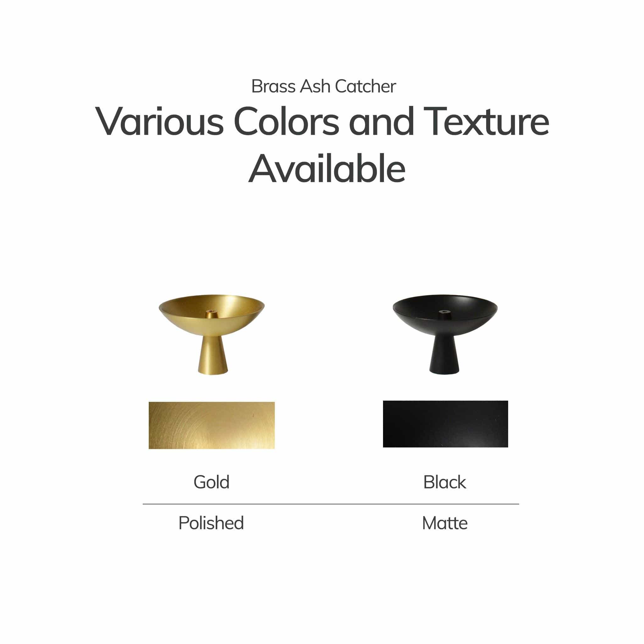 Brass and black ash catchers with color options on a white background