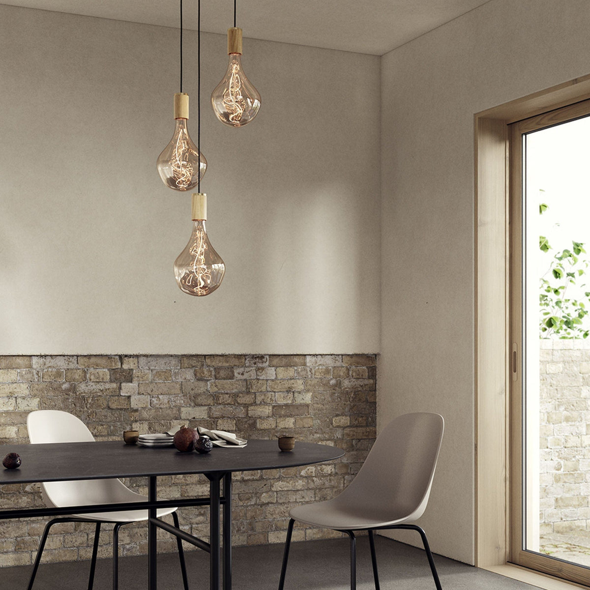 Triple Pendant in Oak + Voronoi II - White Canopy