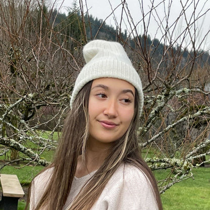 Recycled Wool-Blend Japanese Knit Beanie in White on woman outside