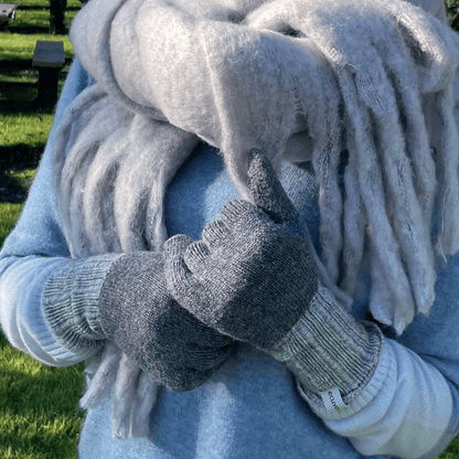 Recycled Wool Blend Japanese Winter Gloves in Gray on woman