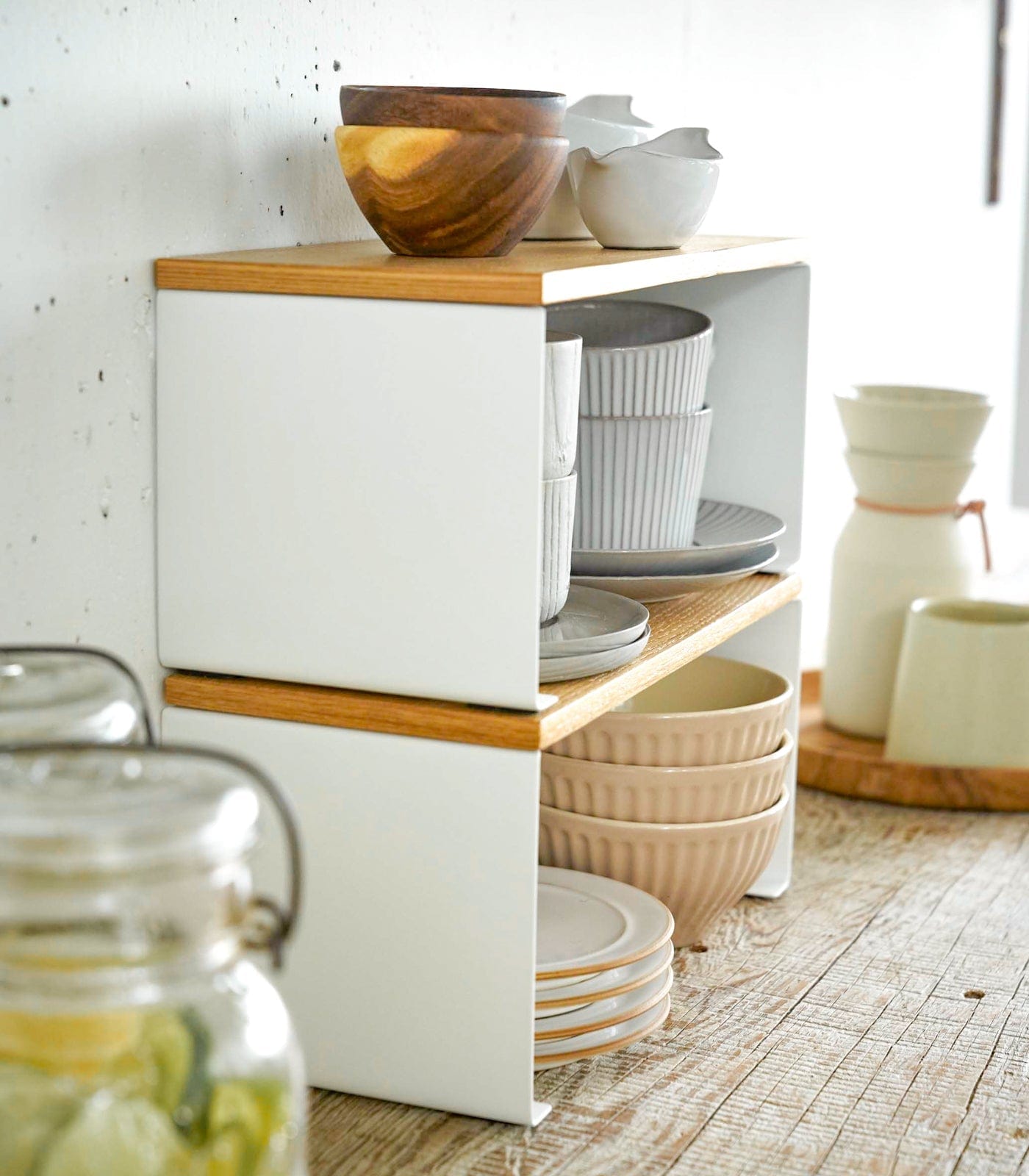 Stackable Countertop Shelf - Two Sizes - Steel + Wood stacked in kitchen