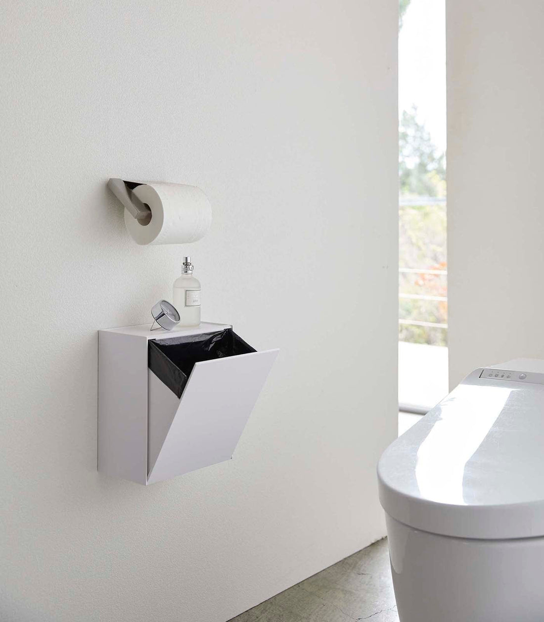 Wall-Mounted Storage or Trash Bin in White in Bathroom