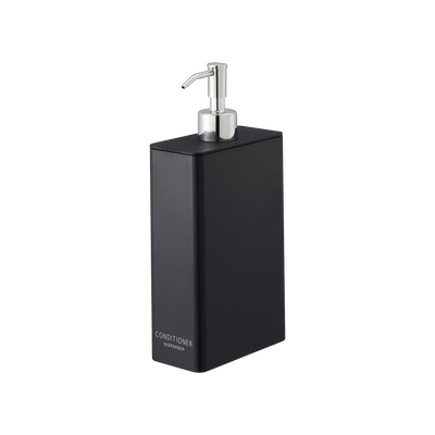Black Yamazaki Home Rectangle Shower Dispenser - Three Styles labelled CONDITIONER isolated on white, viewed at an angle with its silver pump and flat rectangular lid.