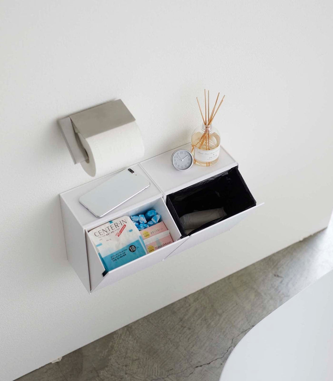 Wall-Mounted Storage or Trash Bin Side by Side in Bathroom, shown two