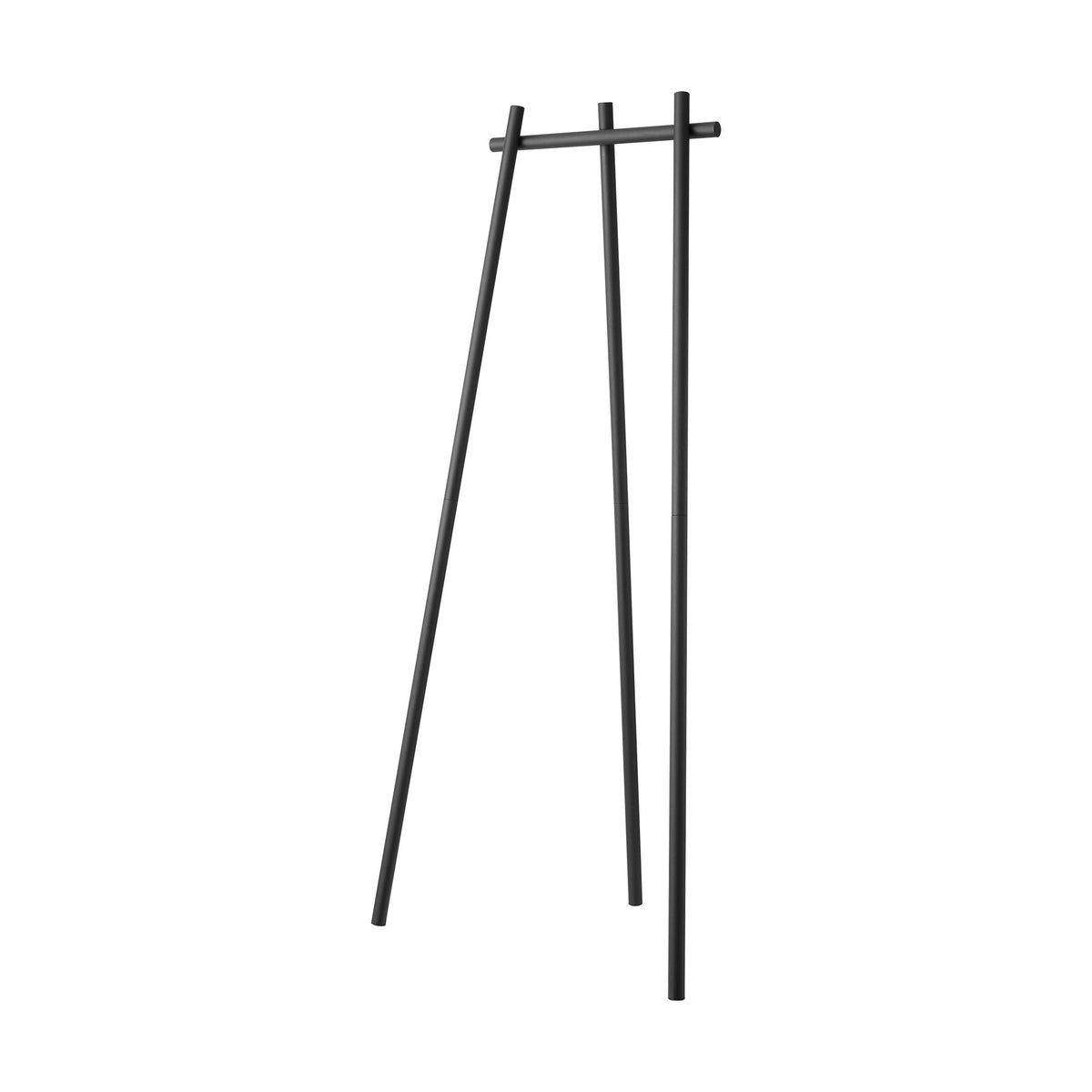 Empty black Yamazaki Home Tri-Post Coat Rack (60" H) - Steel isolated on white, showing its three slender splayed legs and horizontal rail extending beyond the outer posts.
